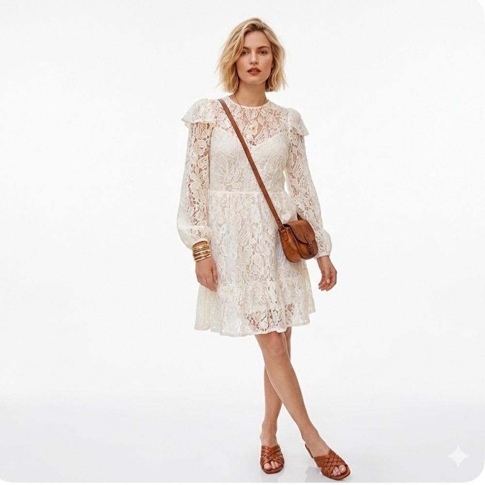 Zara Ivory Floral Lace Mini Dress Balloon Sleeve Ruffle Boho Wedding Guest M - Picture 2 of 16